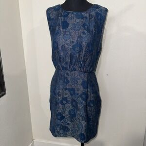 Tucker Blue Jacquard Sleeveless Dress – Size S Back Dramatic V Side‎ Pockets